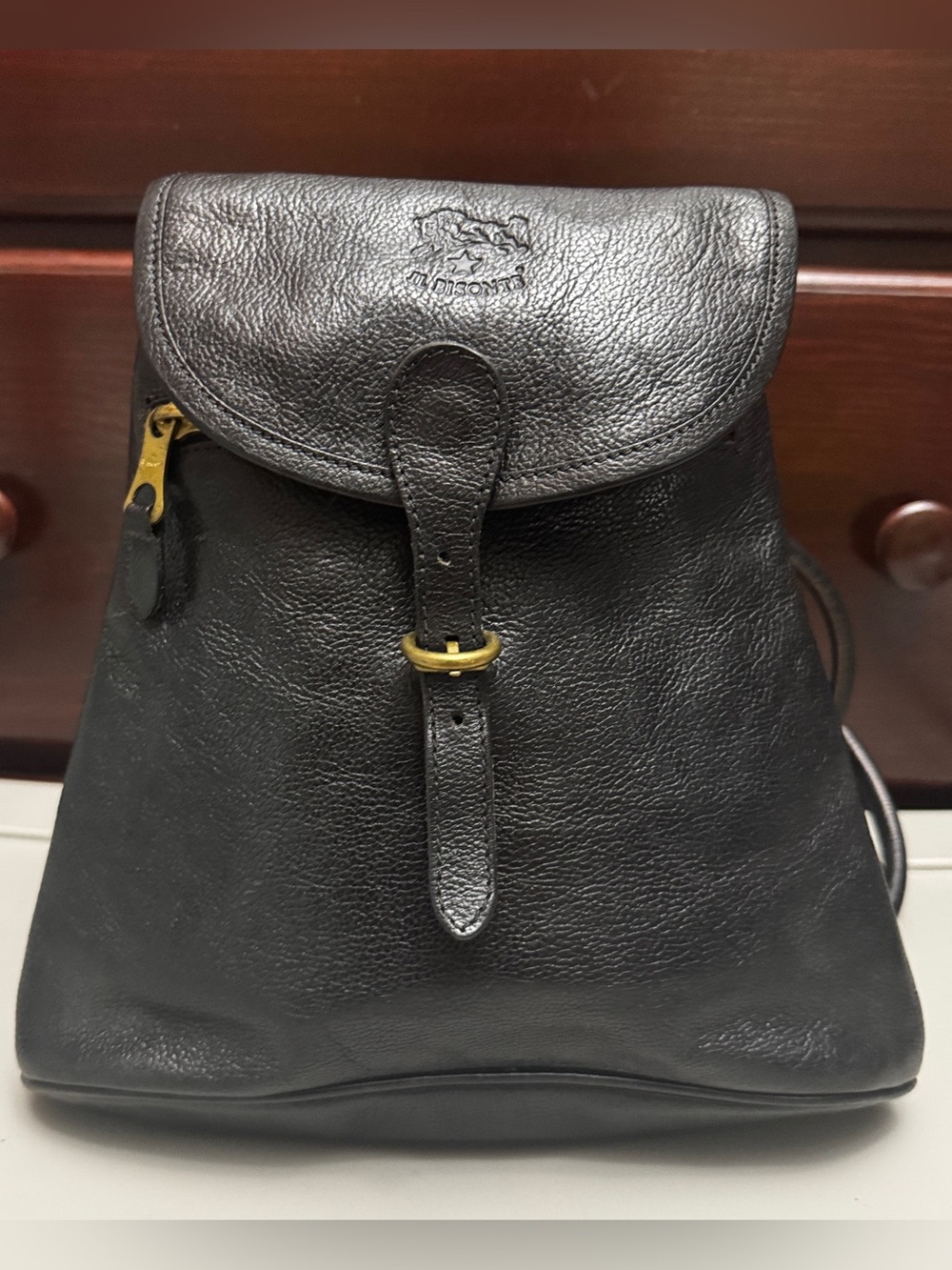 Il Bisonte Vintage Black Soft Leather Mini Backpack Embossed Logo